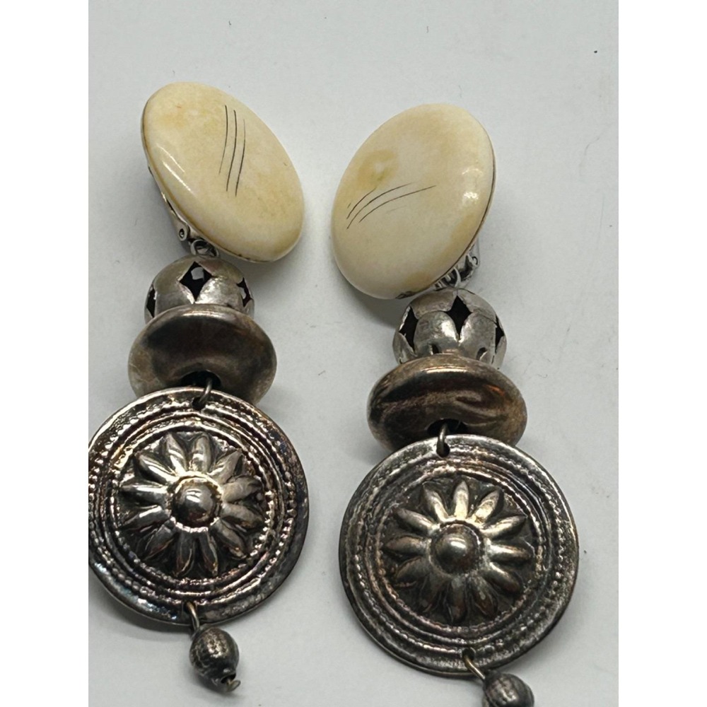 Vtg LES BERNARD Runway EARRINGS Faux Bone &‎ Silver Toned Dangle Southwestern